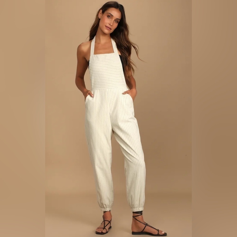 NWT Lulu’s Chic Situation Linen Jogger Jumpsuit Beige Pinstripe Size Small